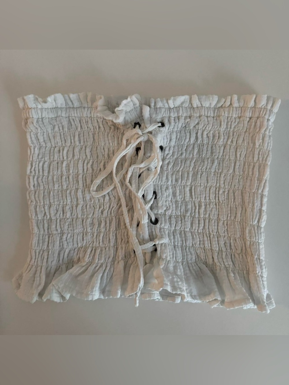 American Eagle Outfitters White Smocked Lace-Up Shirt with Ruffle Hem